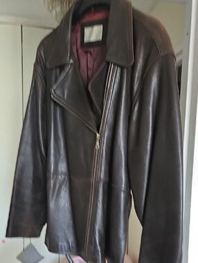 Lord & Taylor Dark Brown Leather Bomber Jacket with Burgundy Lining